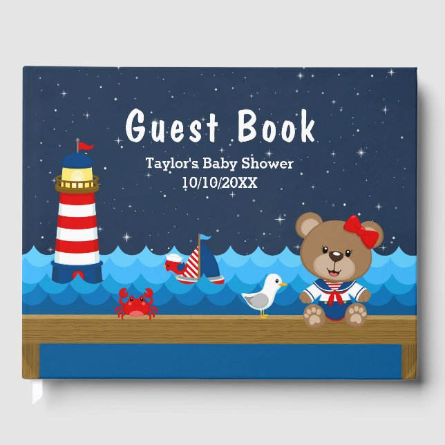 Nautical Girl Bear Red and Navy Baby Shower Guest Book (Front)