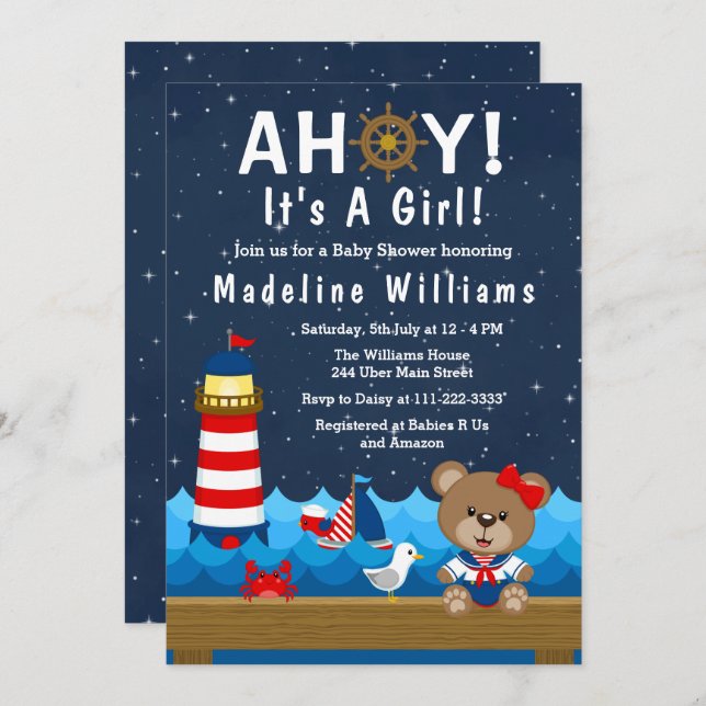 Nautical Girl Bear Red and Navy Baby Shower Invitation (Front/Back)