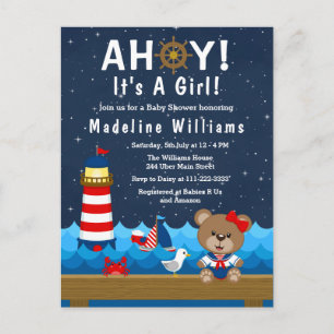 Nautical Girl Bear Red and Navy Baby Shower Postcard