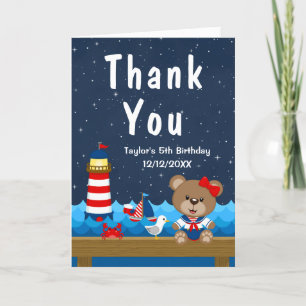 Nautical Girl Bear Red and Navy Birthday Party Thank You Card