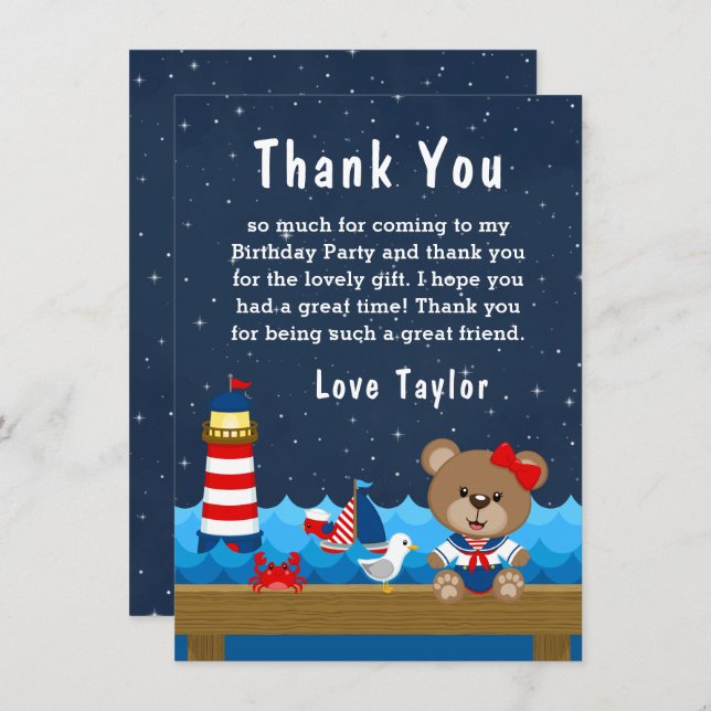 Nautical Girl Bear Red and Navy Birthday Party Thank You Card (Front/Back)
