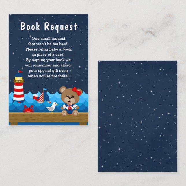 Nautical Girl Bear Red and Navy Book Request Enclosure Card (Front/Back)