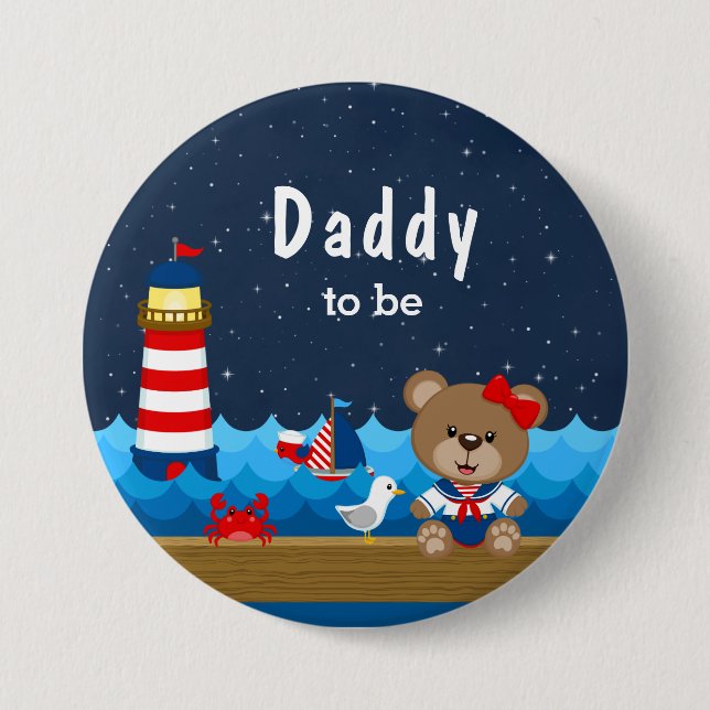 Nautical Girl Bear Red and Navy Daddy To Be 7.5 Cm Round Badge (Front)