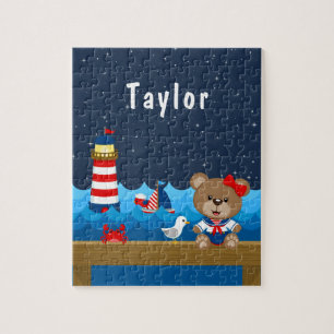 Nautical Girl Bear Red and Navy Jigsaw Puzzle