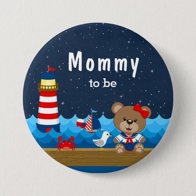 Nautical Girl Bear Red and Navy Mommy To Be 7.5 Cm Round Badge (Front)