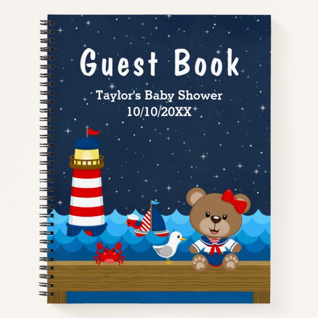 Nautical Girl Bear Red Baby Shower Guest Book (Front)