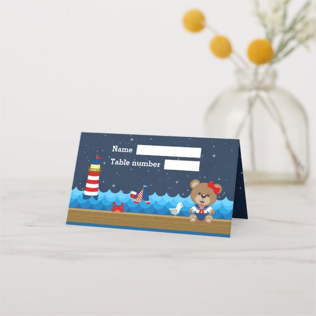 Nautical Girl Bear Red Navy Baby Shower Seating Place Card (Front)