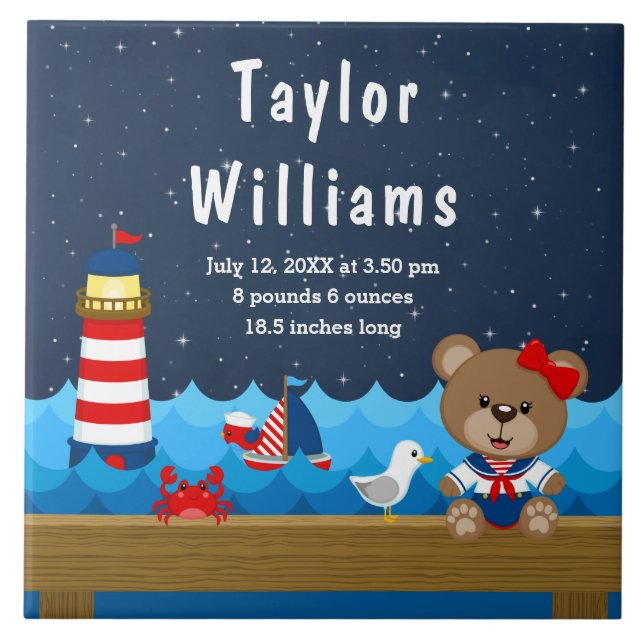 Nautical Girl Bear Red Navy Birth Statistics Ceramic Tile (Front)