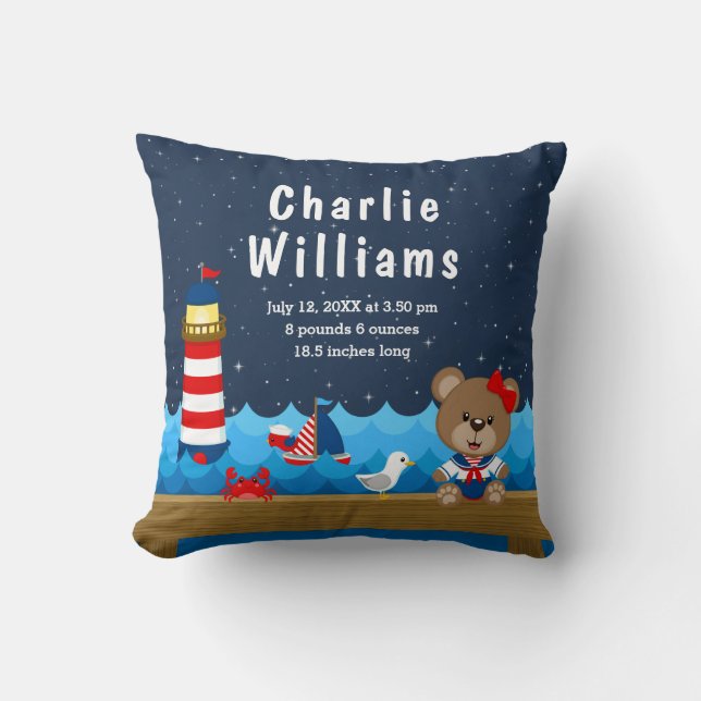 Nautical Girl Bear Red Navy Birth Statistics Cushion (Front)