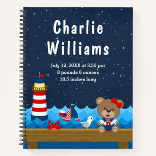 Nautical Girl Bear Red Navy Birth Statistics Notebook