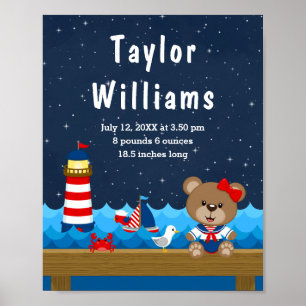 Nautical Girl Bear Red Navy Birth Statistics Poster