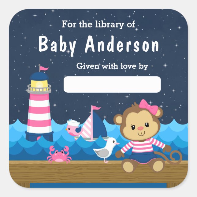 Nautical Girl Monkey Pink and Navy Baby Bookplate Square Sticker (Front)