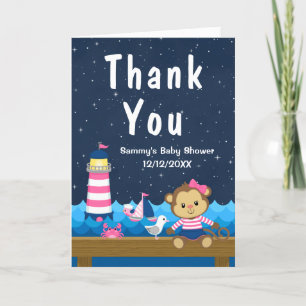 Nautical Girl Monkey Pink and Navy Baby Shower Thank You Card