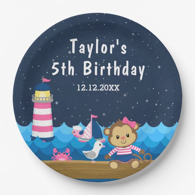 Nautical Girl Monkey Pink and Navy Birthday Party Paper Plate (Front)