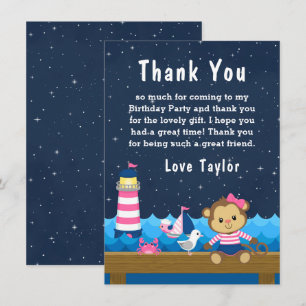 Nautical Girl Monkey Pink and Navy Birthday Party Thank You Card