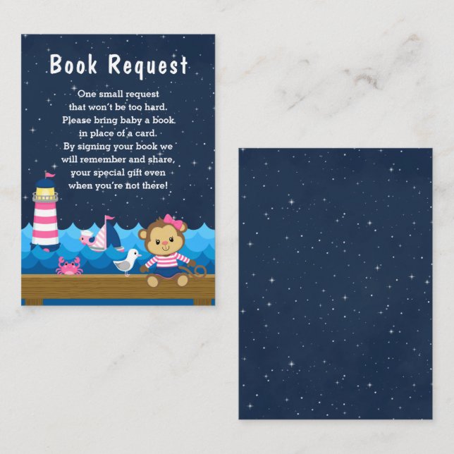 Nautical Girl Monkey Pink and Navy Book Request Enclosure Card (Front/Back)