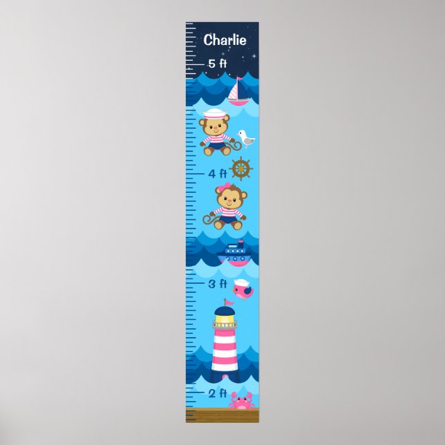 Nautical Girl Monkey Pink and Navy Growth Chart (Front)