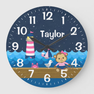 Nautical Girl Monkey Pink and Navy Large Clock