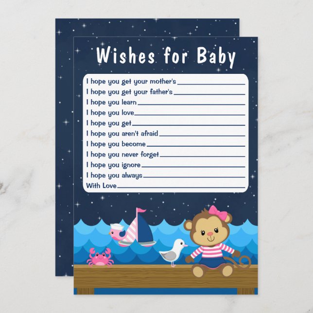 Nautical Girl Monkey Pink and Navy Wishes For Baby Invitation (Front/Back)