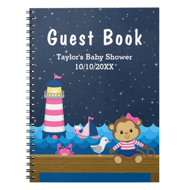 Nautical Girl Monkey Pink Baby Shower Guest Book (Front)