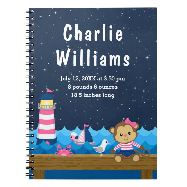 Nautical Girl Monkey Pink Navy Birth Statistics Notebook (Front)