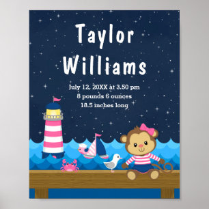 Nautical Girl Monkey Pink Navy Birth Statistics Poster