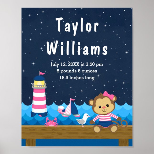 Nautical Girl Monkey Pink Navy Birth Statistics Poster (Front)