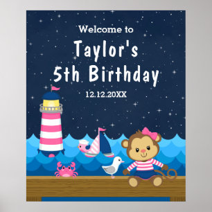 Nautical Girl Monkey Pink Navy Birthday Welcome Poster