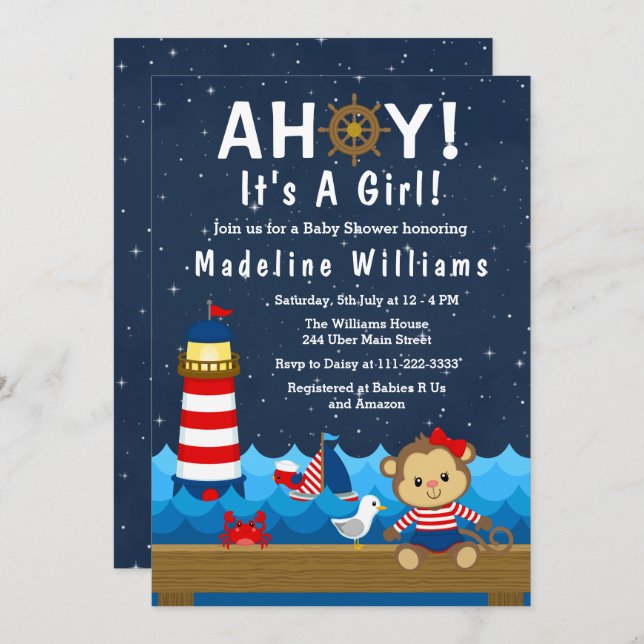 Nautical Girl Monkey Red and Navy Baby Shower Invitation (Front/Back)