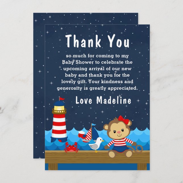 Nautical Girl Monkey Red and Navy Baby Shower Thank You Card (Front/Back)