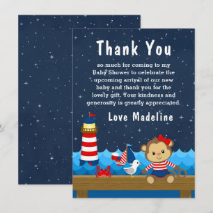 Nautical Girl Monkey Red and Navy Baby Shower Thank You Card