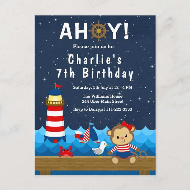 Nautical Girl Monkey Red and Navy Birthday Party Postcard (Front)