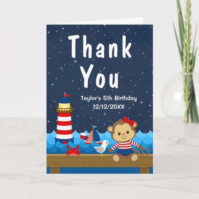Nautical Girl Monkey Red and Navy Birthday Party Thank You Card (Front)