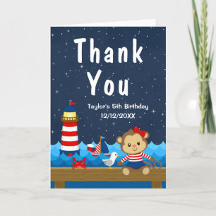 Nautical Girl Monkey Red and Navy Birthday Party Thank You Card