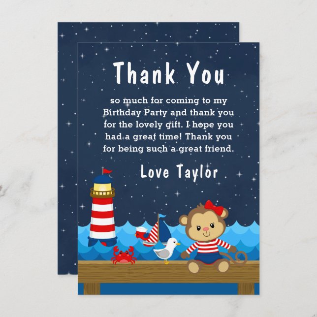 Nautical Girl Monkey Red and Navy Birthday Party Thank You Card (Front/Back)