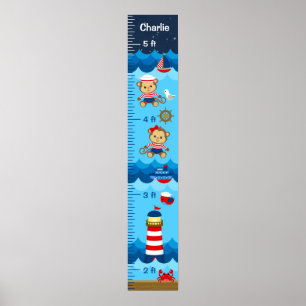 Nautical Girl Monkey Red and Navy Growth Chart