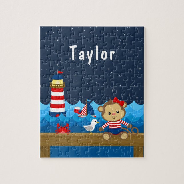 Nautical Girl Monkey Red and Navy Jigsaw Puzzle (Vertical)