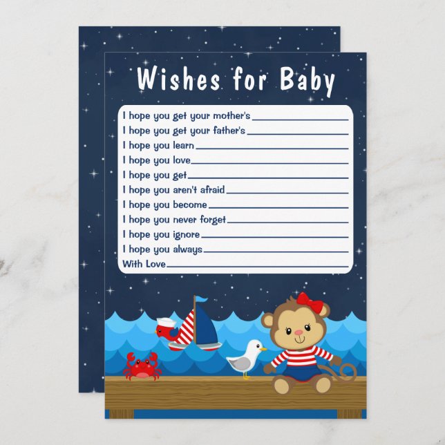 Nautical Girl Monkey Red and Navy Wishes For Baby Invitation (Front/Back)