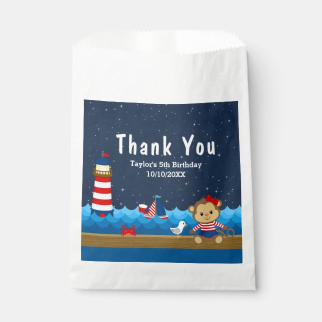 Nautical Girl Monkey Red Birthday Party Thank You Favour Bag (Front)
