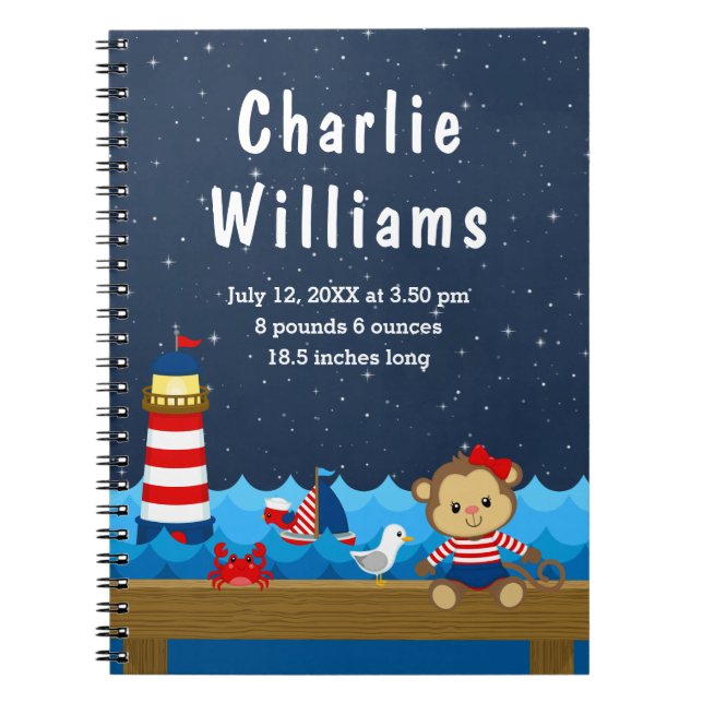 Nautical Girl Monkey Red Navy Birth Statistics Notebook (Front)