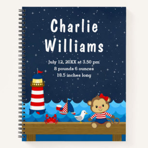 Nautical Girl Monkey Red Navy Birth Statistics Notebook