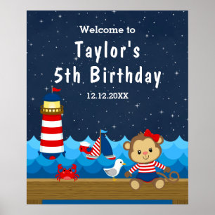Nautical Girl Monkey Red Navy Birthday Welcome Poster