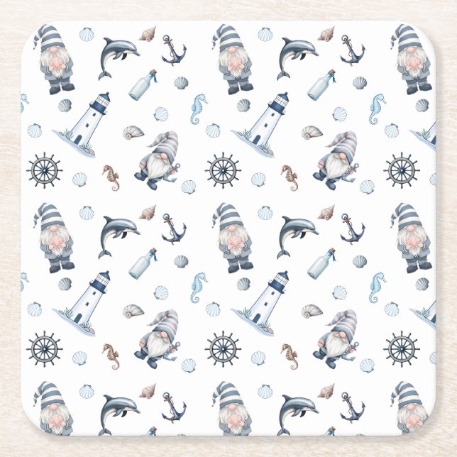 Nautical Gnomes! Square Paper Coaster (Front)