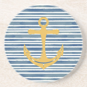 Nautical Gold Anchor Blue Stripe Sandstone Coaster