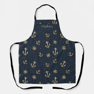 Nautical Gold Anchor & Helm Pattern on Blue Apron
