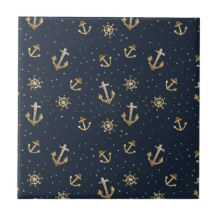 Nautical Gold Anchor & Helm Pattern on Blue Ceramic Tile
