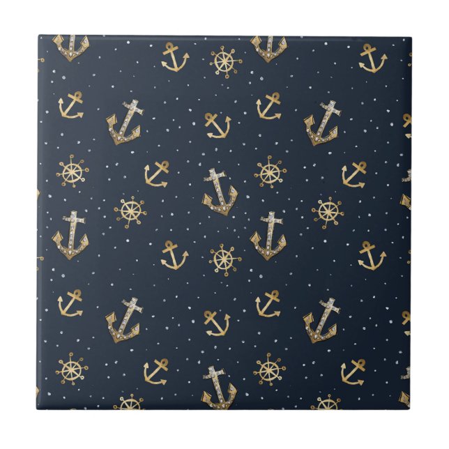 Nautical Gold Anchor & Helm Pattern on Blue Ceramic Tile (Front)