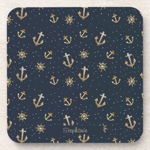 Nautical Gold Anchor & Helm Pattern on Blue Coaster