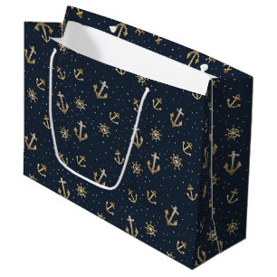 Nautical Gold Anchor & Helm Pattern on Blue Large Gift Bag