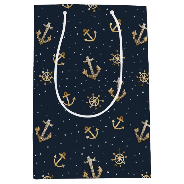 Nautical Gold Anchor & Helm Pattern on Blue Medium Gift Bag (Front)